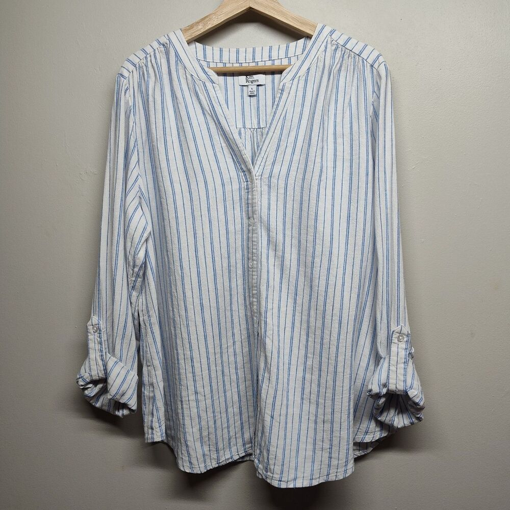Kim Rogers Linen Tunic Top Women Size L Blue Stripes Roll Tab Sleeve Casual